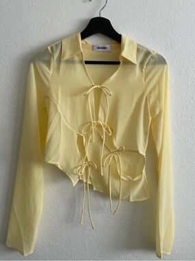 Danielle Guizio Pale Yellow Sheer Tie-Front Long Sleeve Blouse